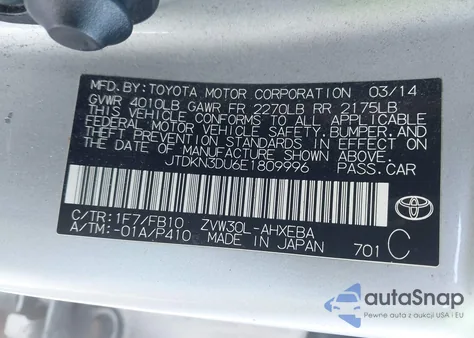 2014 Toyota Prius Three z USA, uszkodzony, nr VIN JTDKN3DU6E1809996